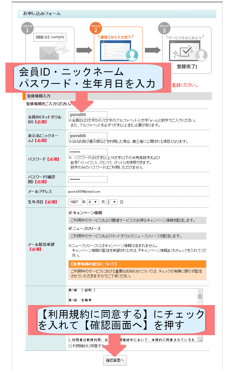 スターサーバー契約紹介画像-ネットオウル会員登録-確認画面へを押す