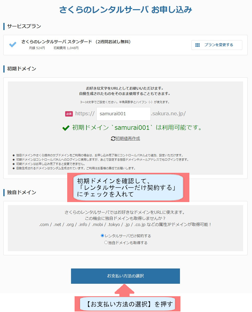 お名前ドットコム契約紹介画像-お支払方法の選択を押す