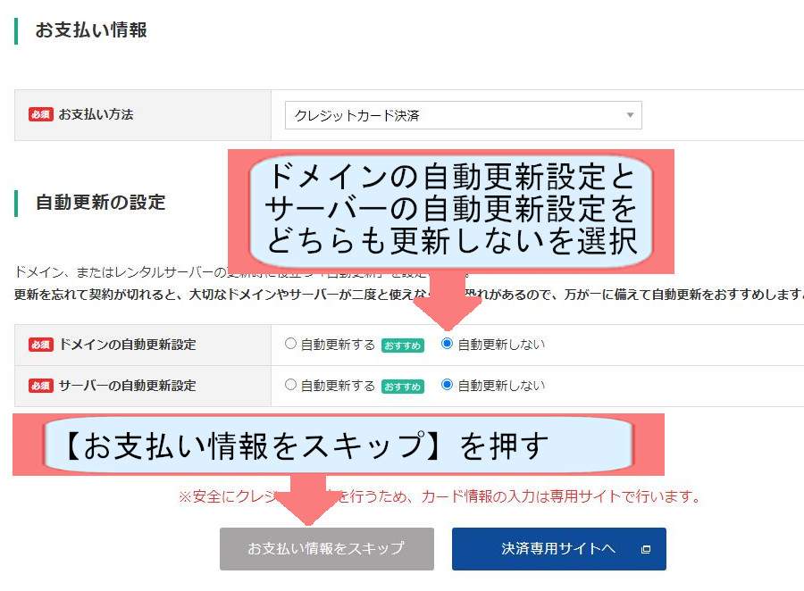 バリューサーバー契約紹介画像-バリュドメイン登録をする-お支払情報をスキップを押す