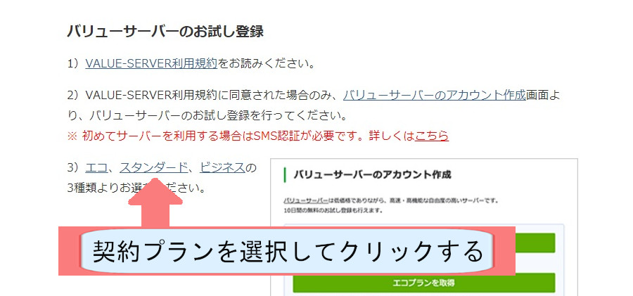 バリューサーバー契約紹介画像-プラン選を押す択